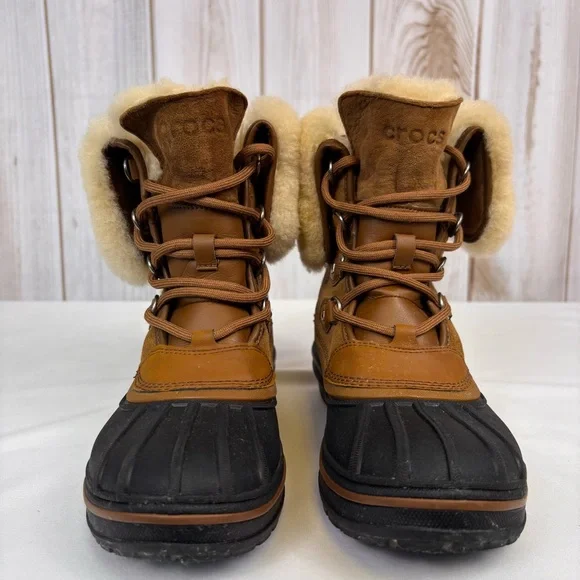 CROCS Allcast Luxe II Boots Waterproof Shearling Mid Calf Snow Boots Brown Sz 8 - Picture 8 of 16
